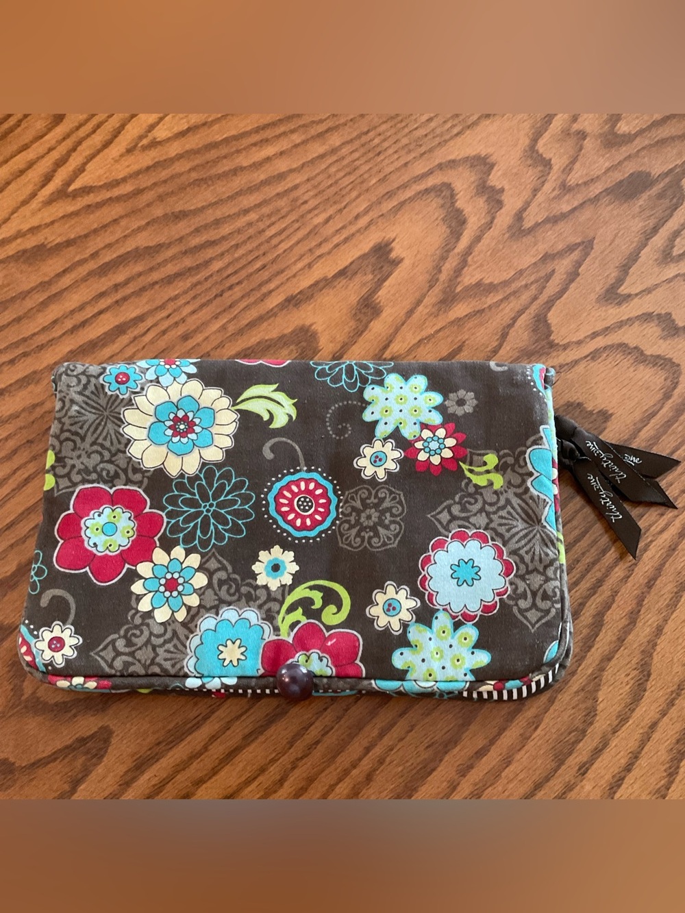 Thirty-One Floral Quilted Fold-over Clutch Pouch Wallet Brown Teal Pink